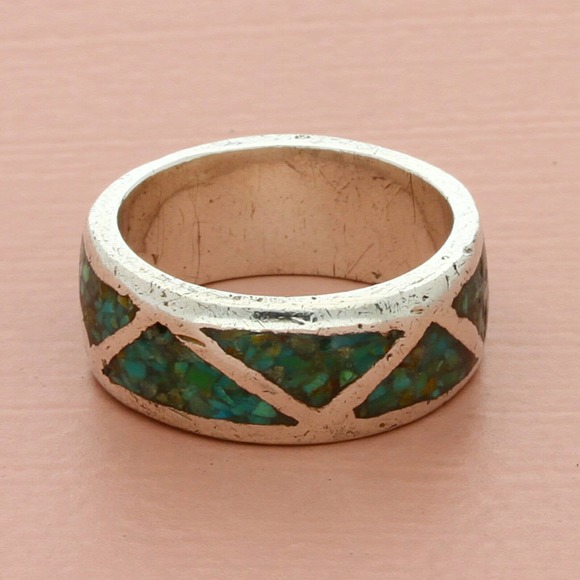 Native Other - navajo sterling silver vintage crushed turquoise band ring size 6.75
